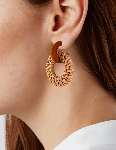 Rattan Earring, Hand Woven Earring, Natural Woven earring, Straw earring, Round Hook Earrings