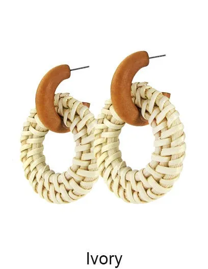 Rattan Earring, Hand Woven Earring, Natural Woven earring, Straw earring, Round Hook Earrings