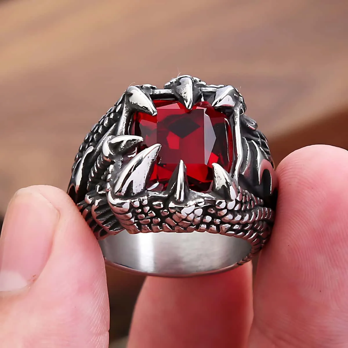 Red Gemstone CZ Stainless Steel Dragon Claw Ring