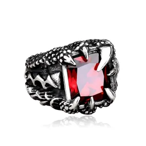 Red Gemstone CZ Stainless Steel Dragon Claw Ring