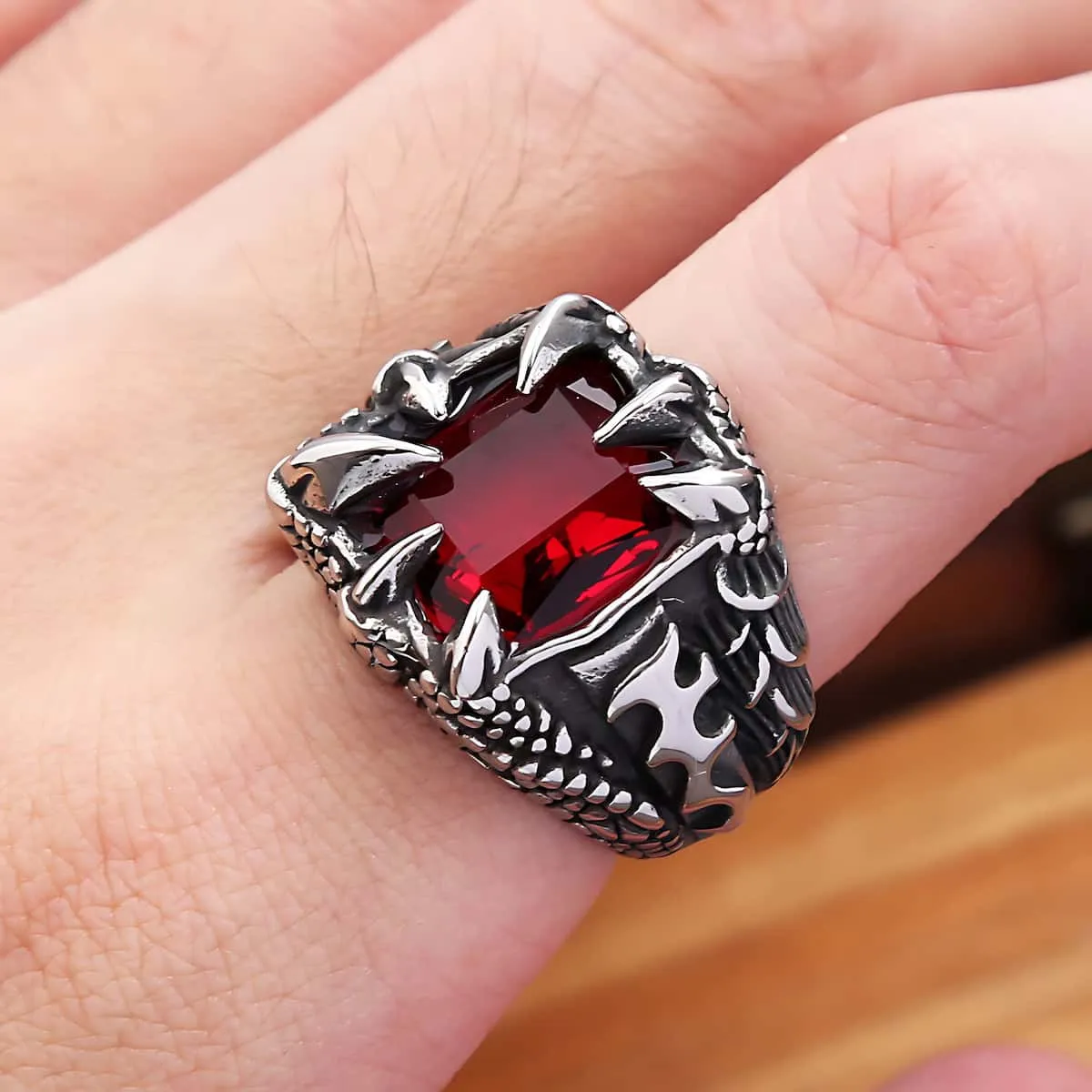 Red Gemstone CZ Stainless Steel Dragon Claw Ring