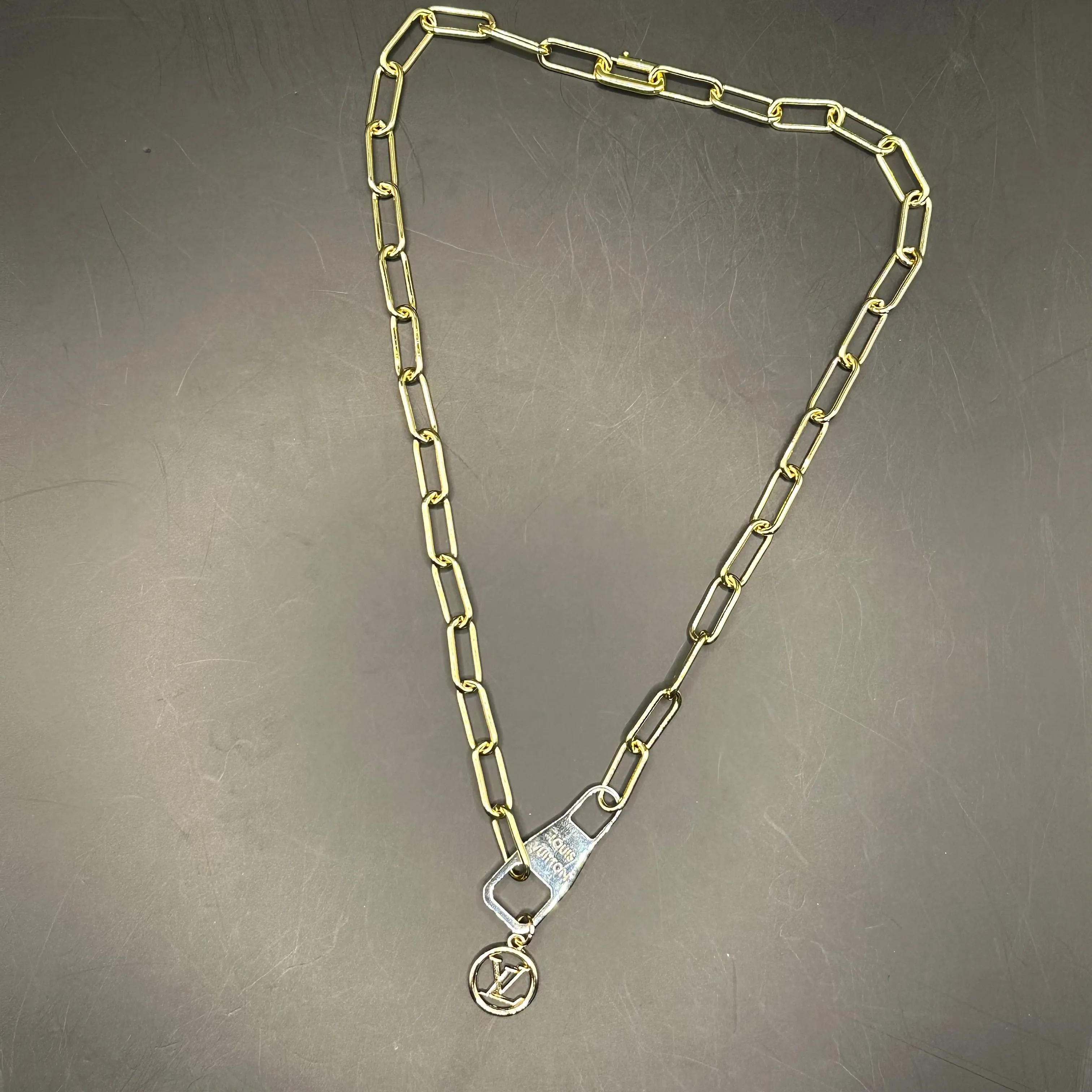 Repurposed Silver LV Zipper Pull Necklace with on Gold-Filled Chain