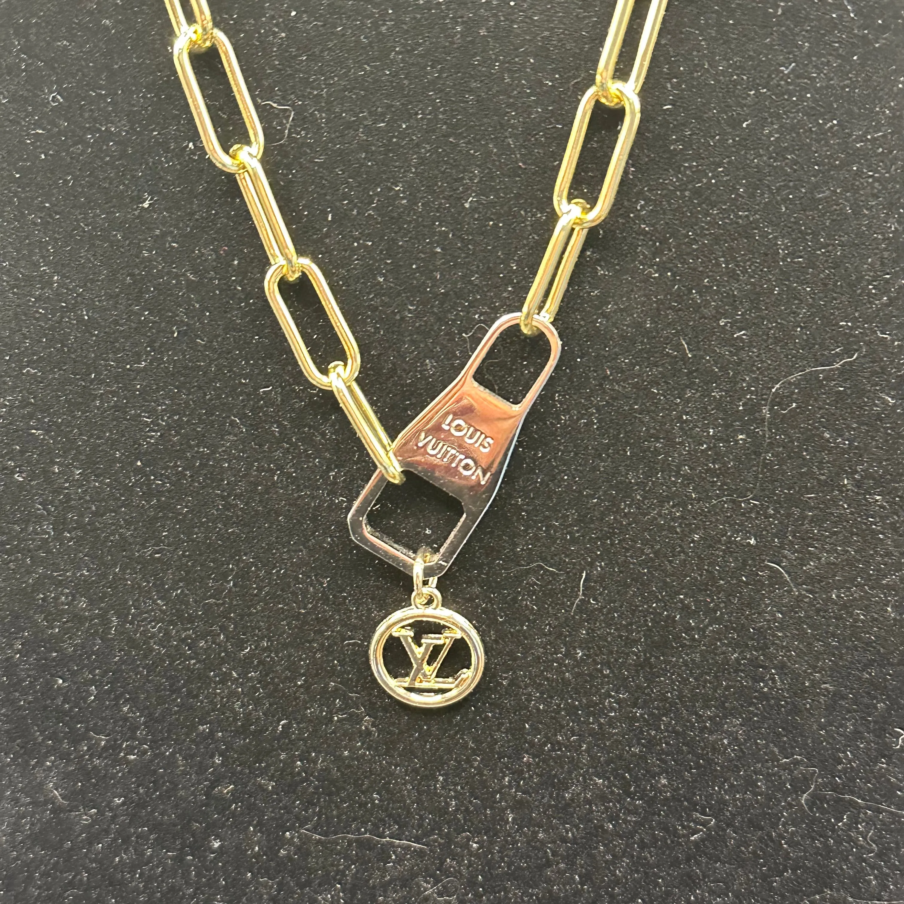 Repurposed Silver LV Zipper Pull Necklace with on Gold-Filled Chain