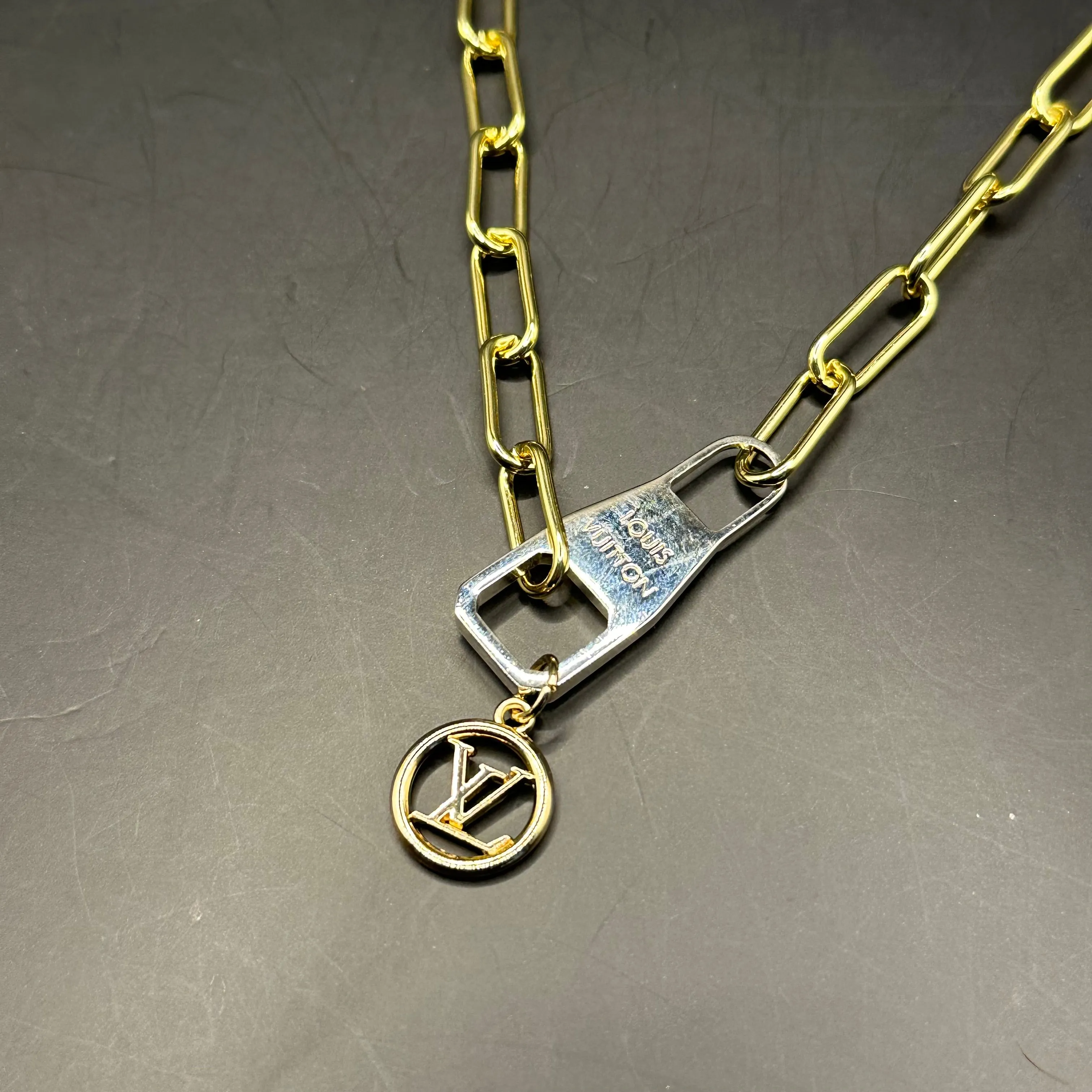 Repurposed Silver LV Zipper Pull Necklace with on Gold-Filled Chain