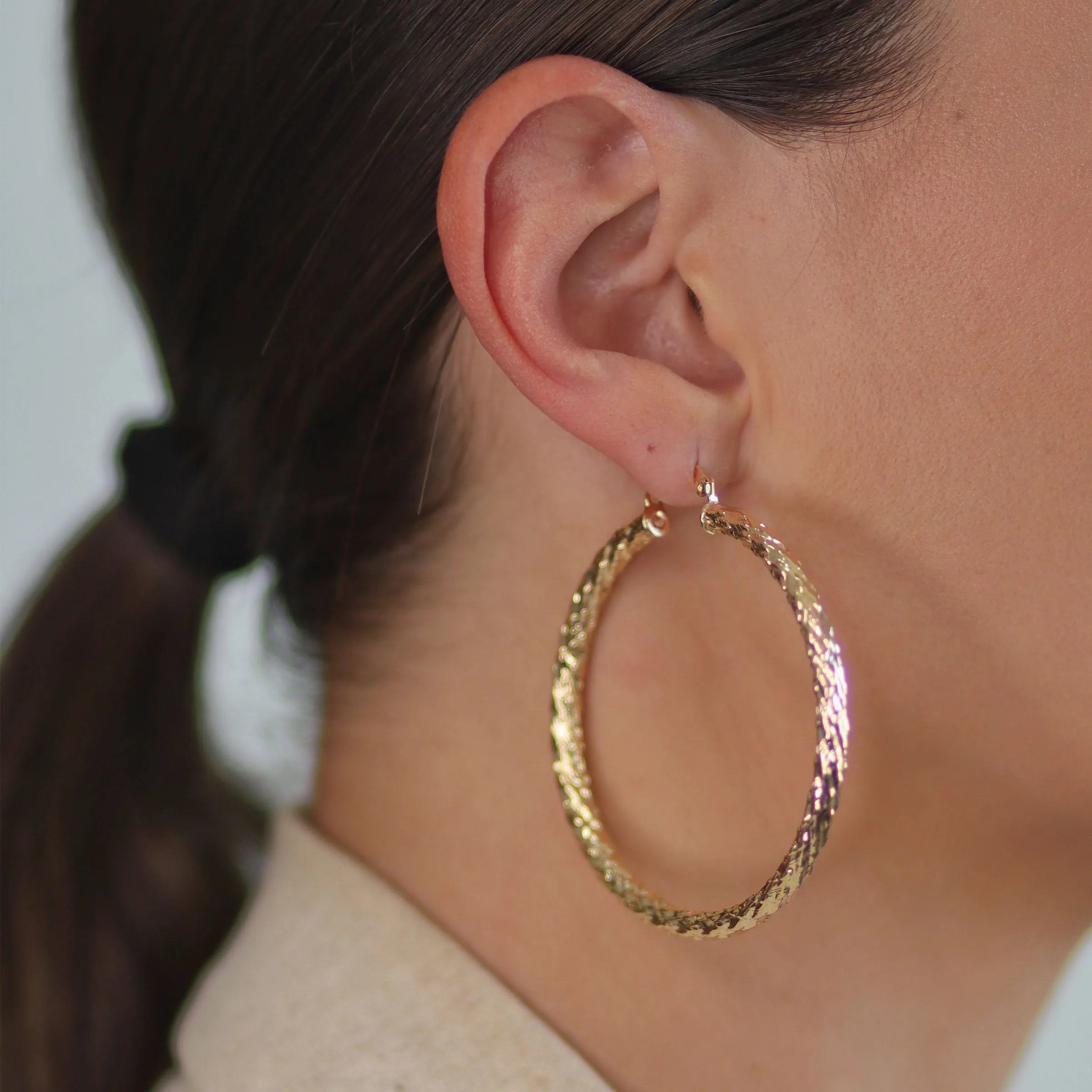 Rope Cable Wide Hoop Huggie Earrings 18K Gold Plated Brass 2.25 Inch Diameter