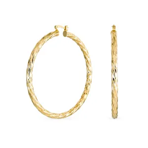 Rope Cable Wide Hoop Huggie Earrings 18K Gold Plated Brass 2.25 Inch Diameter