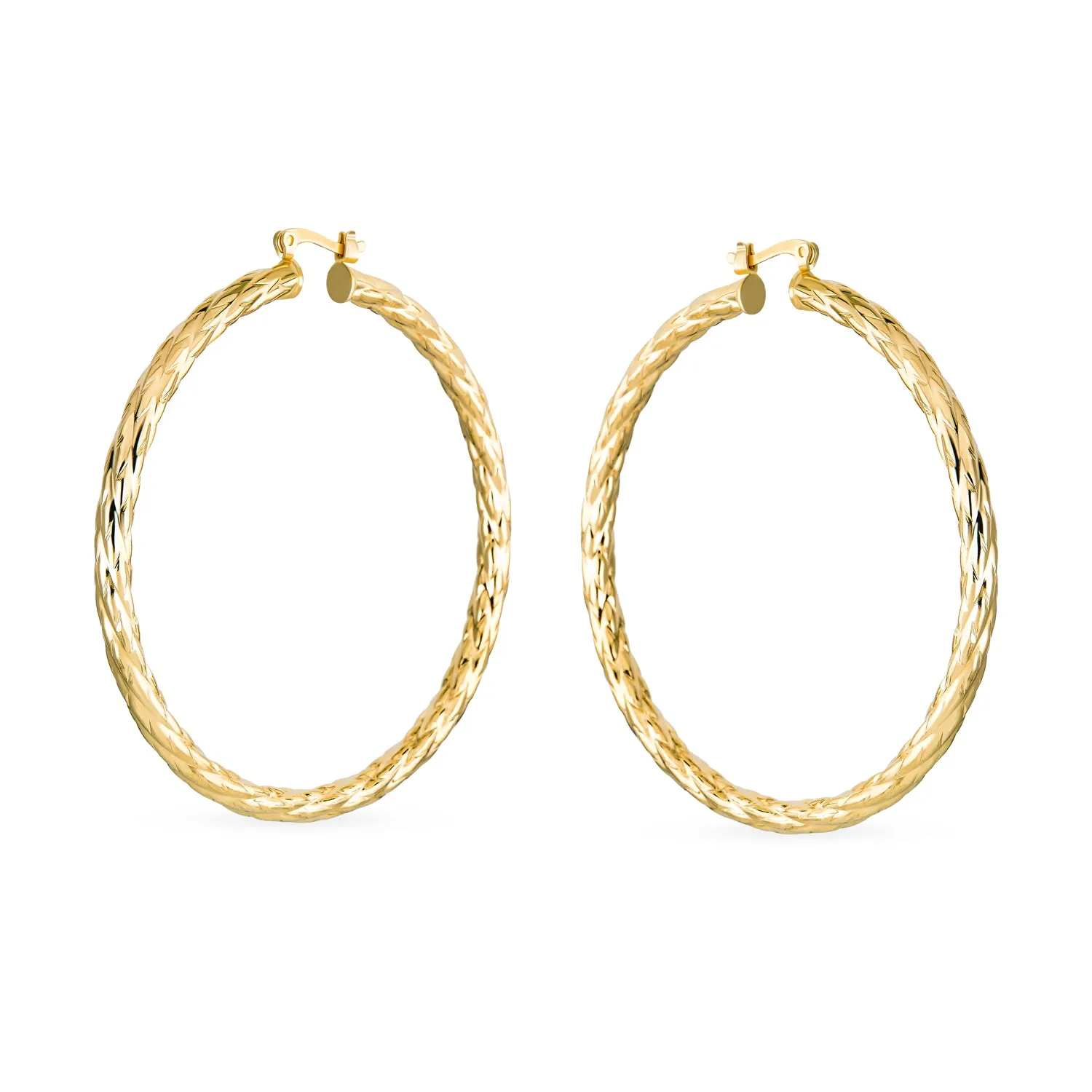 Rope Cable Wide Hoop Huggie Earrings 18K Gold Plated Brass 2.25 Inch Diameter