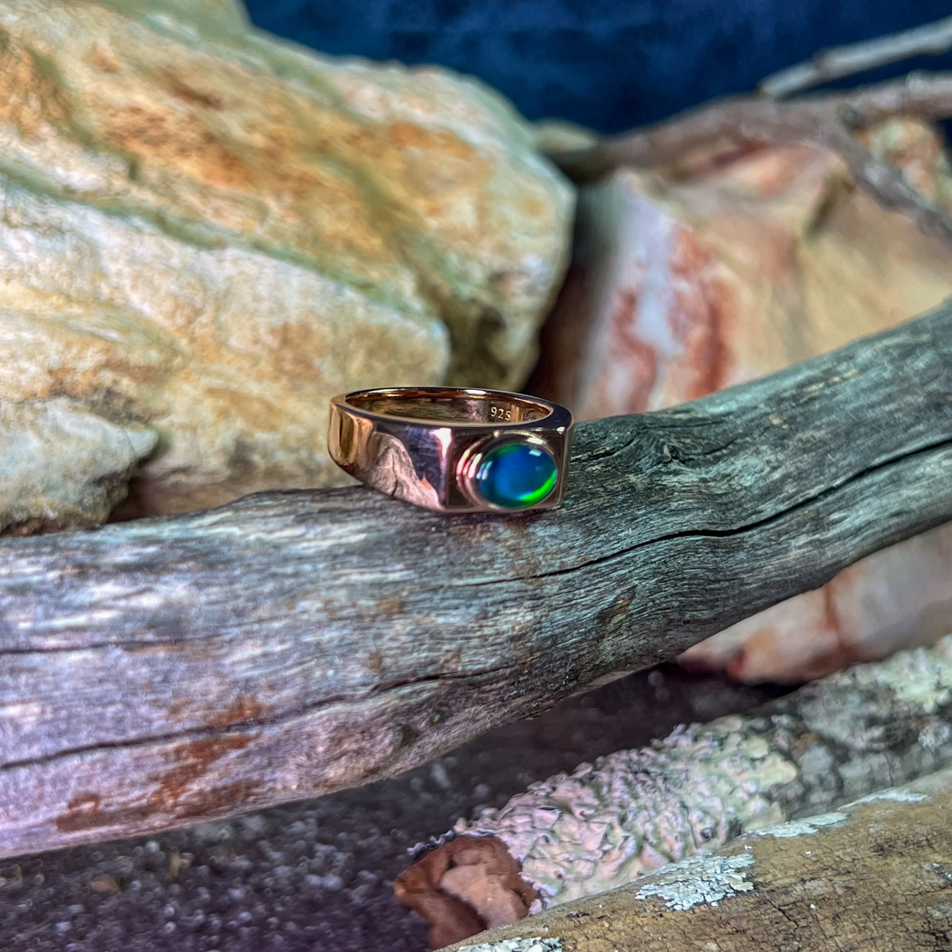 Rose Gold plated 8x6mm Opal triplet horizontal set polished ring