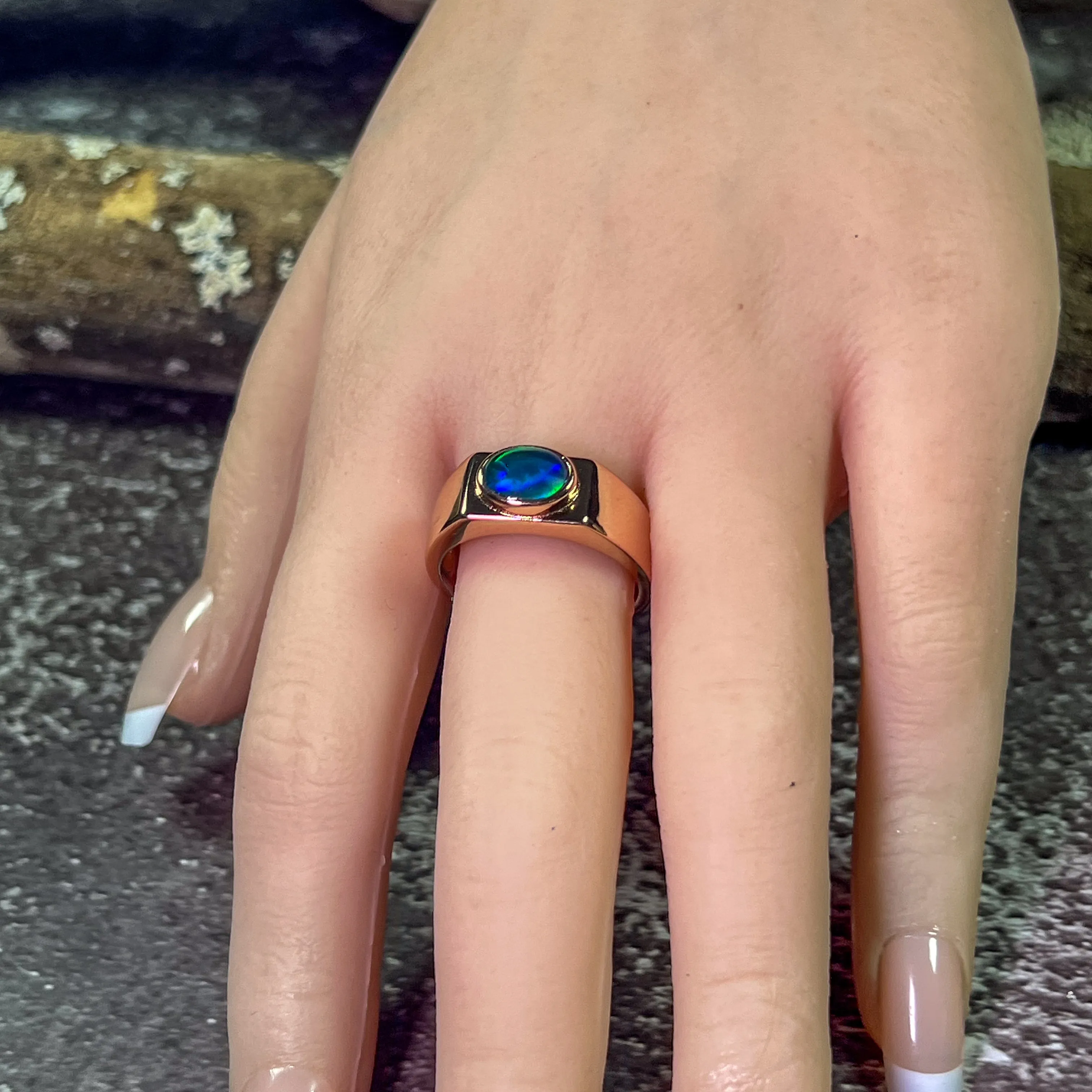 Rose Gold plated 8x6mm Opal triplet horizontal set polished ring