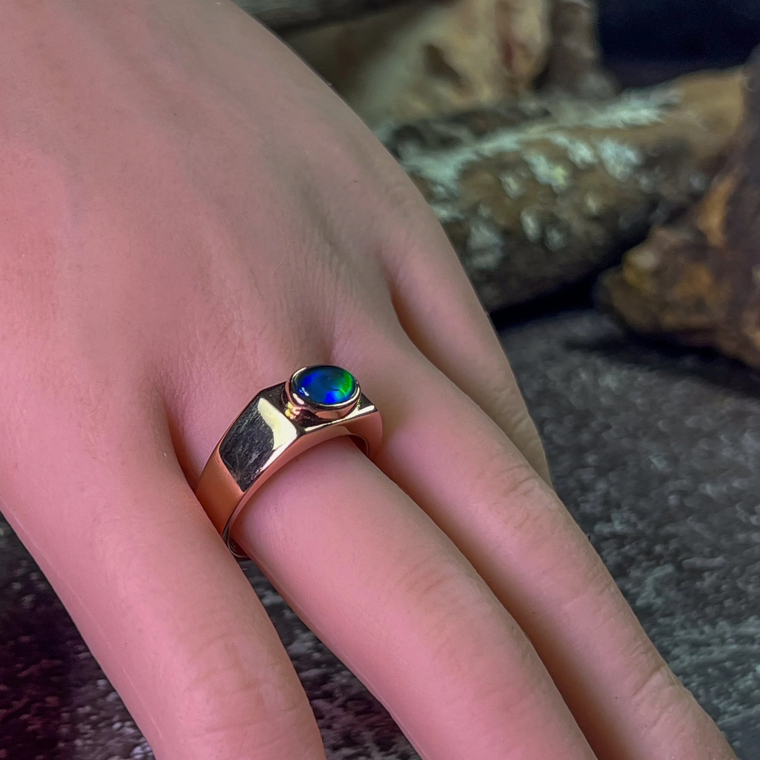 Rose Gold plated 8x6mm Opal triplet horizontal set polished ring
