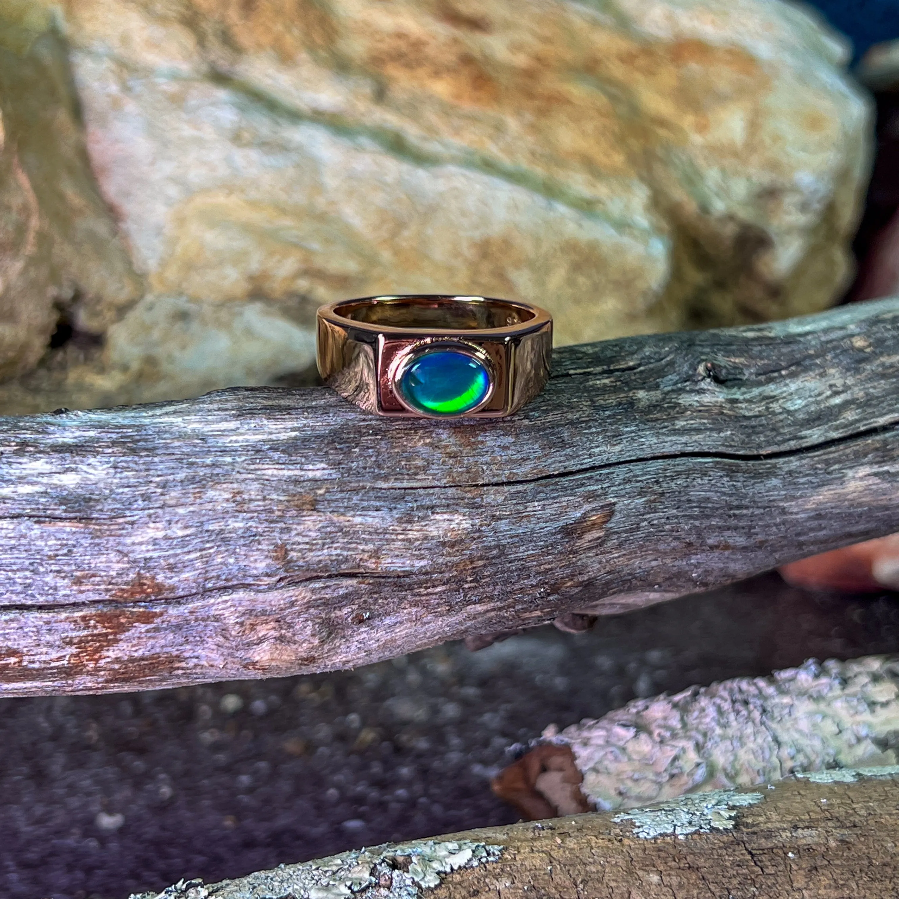 Rose Gold plated 8x6mm Opal triplet horizontal set polished ring