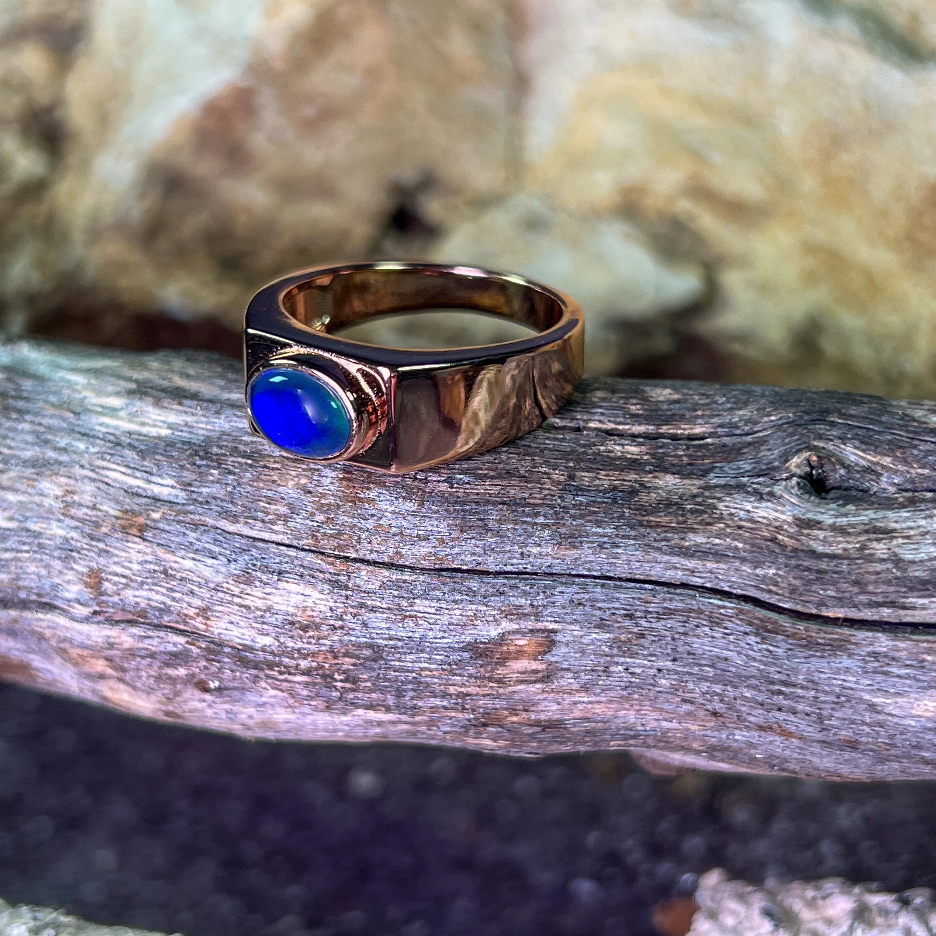 Rose Gold plated 8x6mm Opal triplet horizontal set polished ring