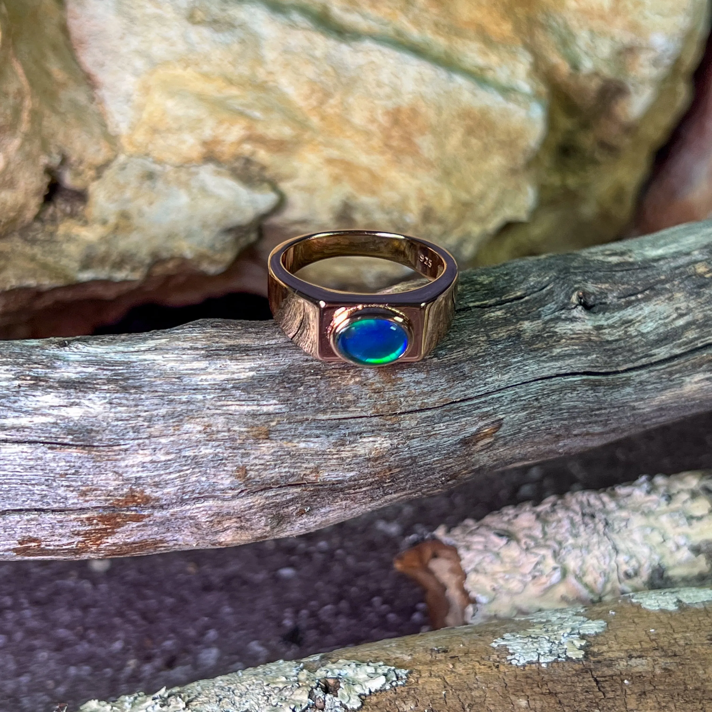 Rose Gold plated 8x6mm Opal triplet horizontal set polished ring