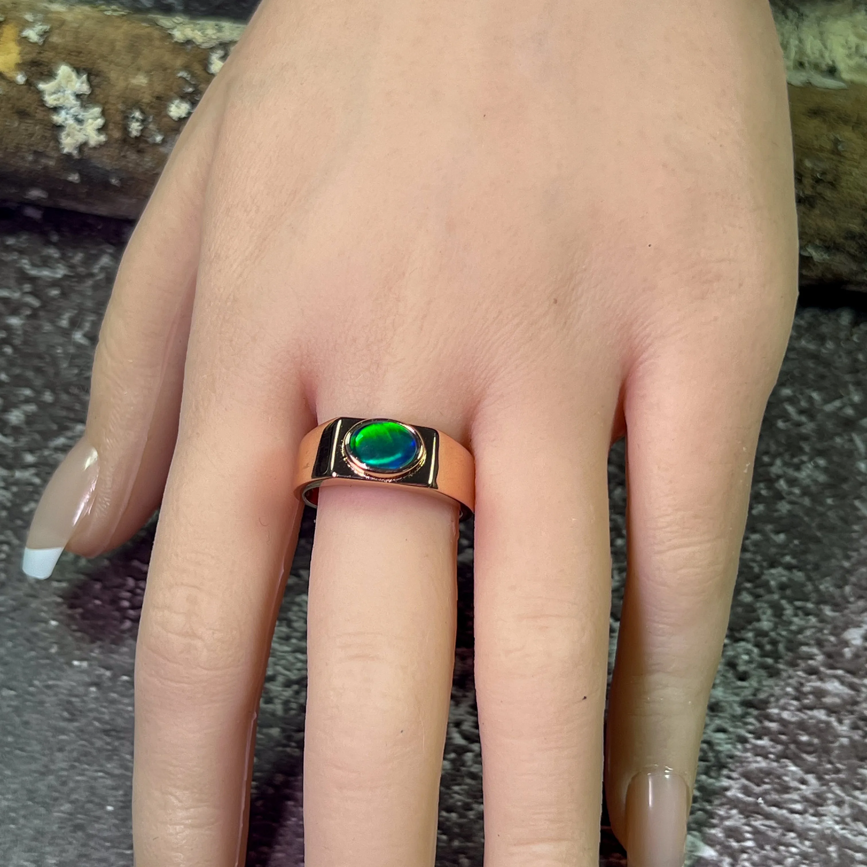Rose Gold plated 8x6mm Opal triplet horizontal set polished ring