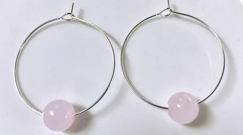 Rose Quartz 1-Stone Silver Hoops