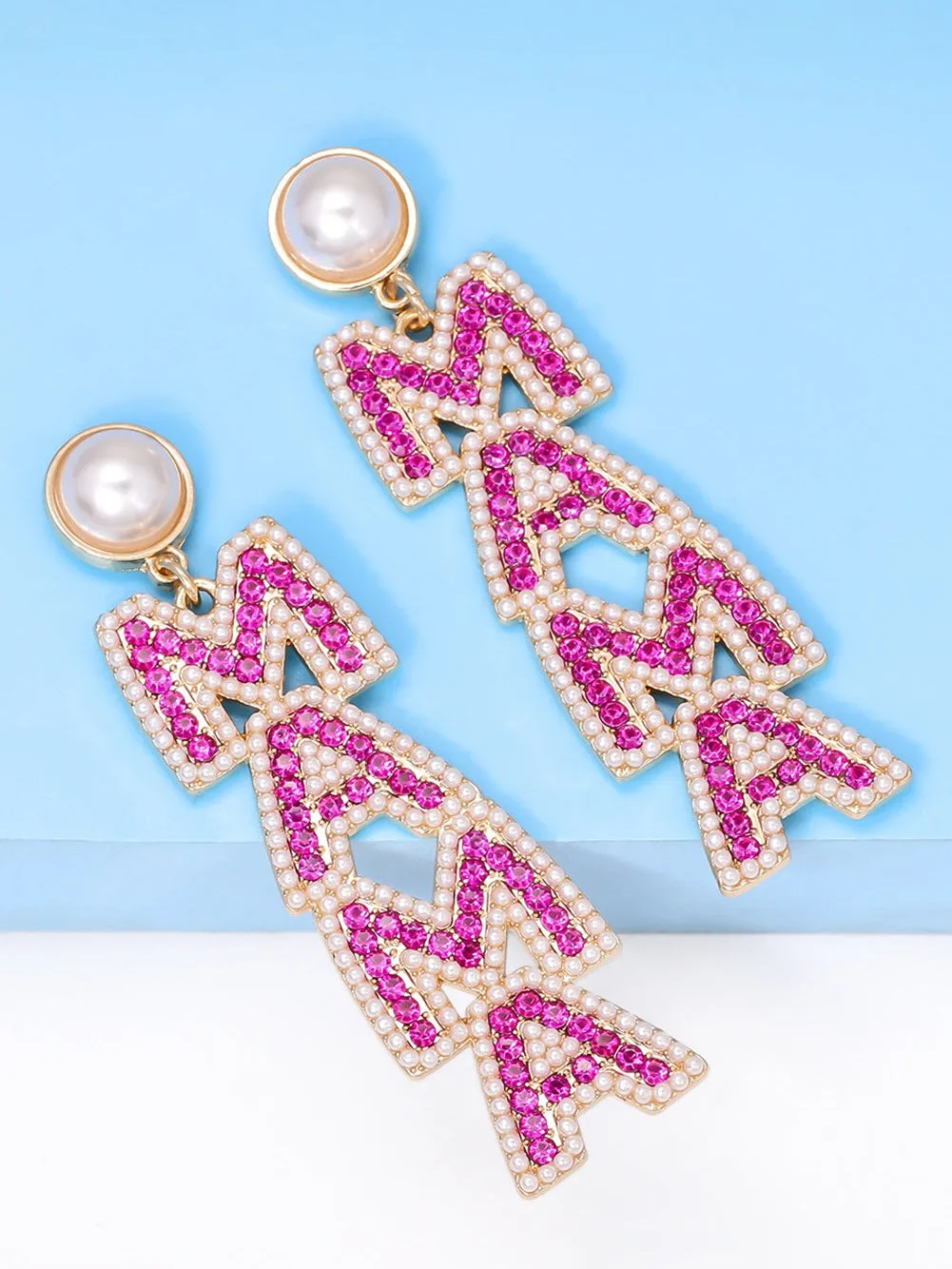 Rose Red MAMA Rhinestone Pearl Dangle Dropping Earrings