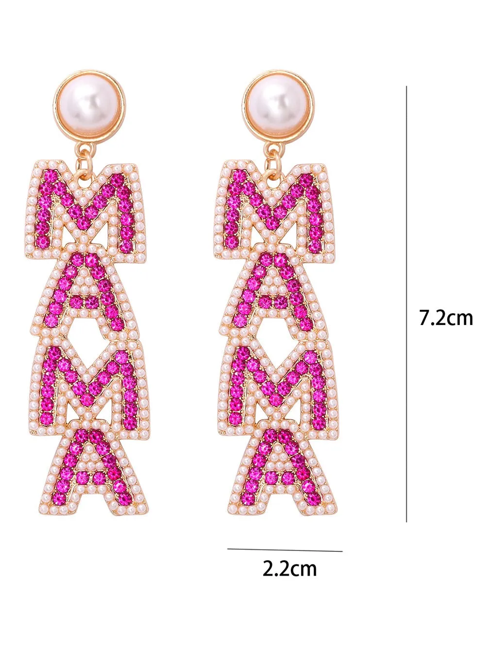 Rose Red MAMA Rhinestone Pearl Dangle Dropping Earrings