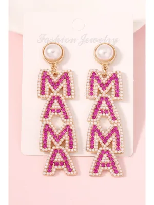 Rose Red MAMA Rhinestone Pearl Dangle Dropping Earrings