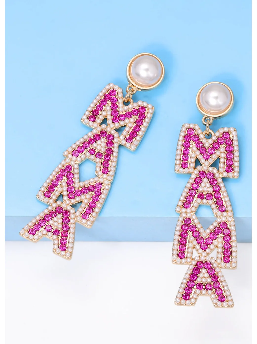 Rose Red MAMA Rhinestone Pearl Dangle Dropping Earrings