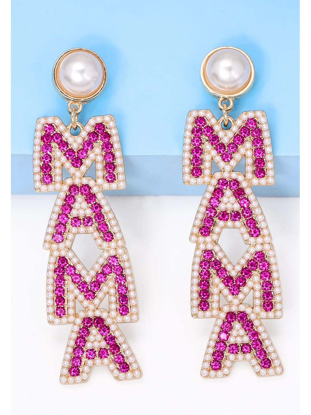 Rose Red MAMA Rhinestone Pearl Dangle Dropping Earrings