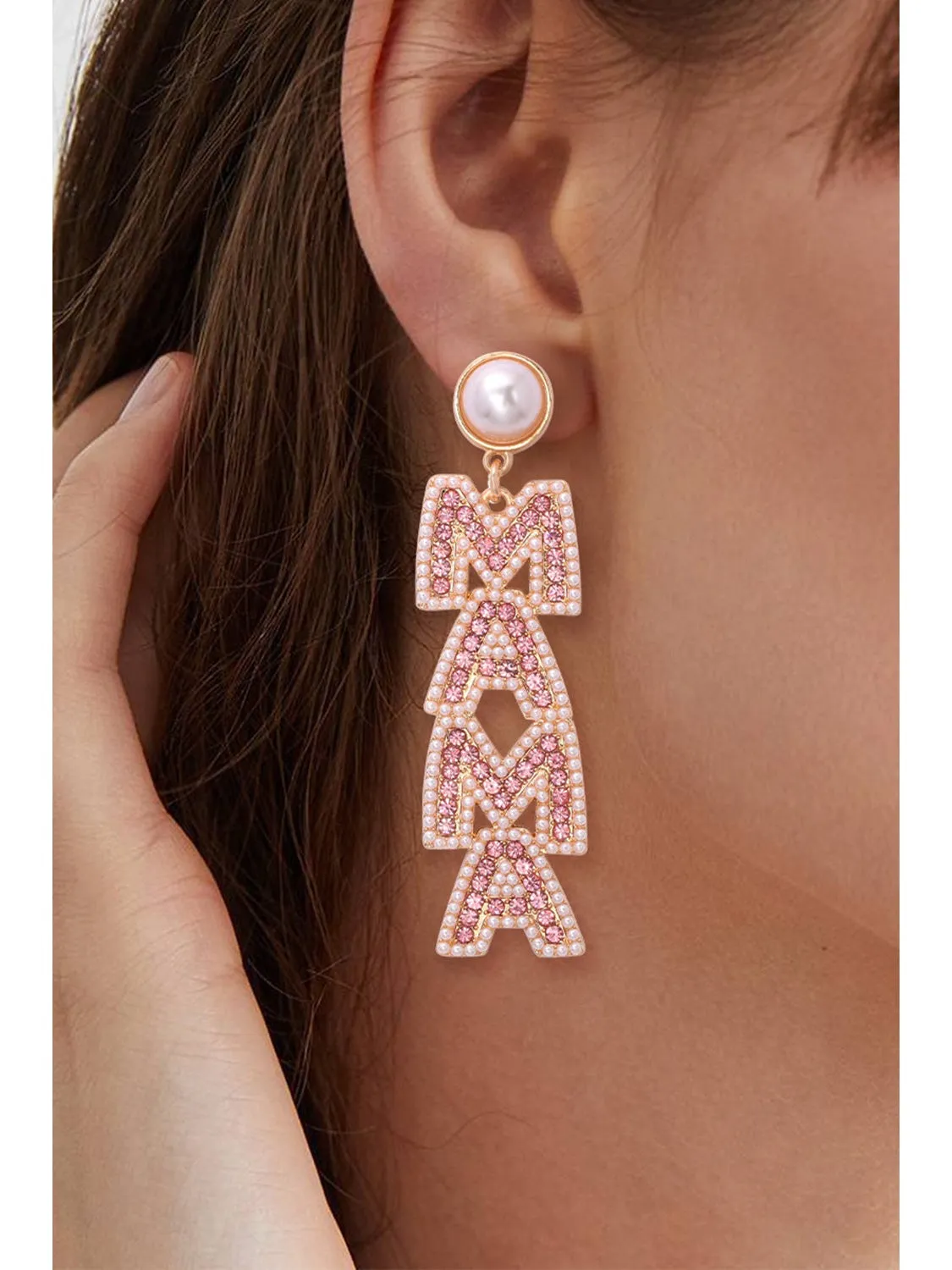 Rose Red MAMA Rhinestone Pearl Dangle Dropping Earrings