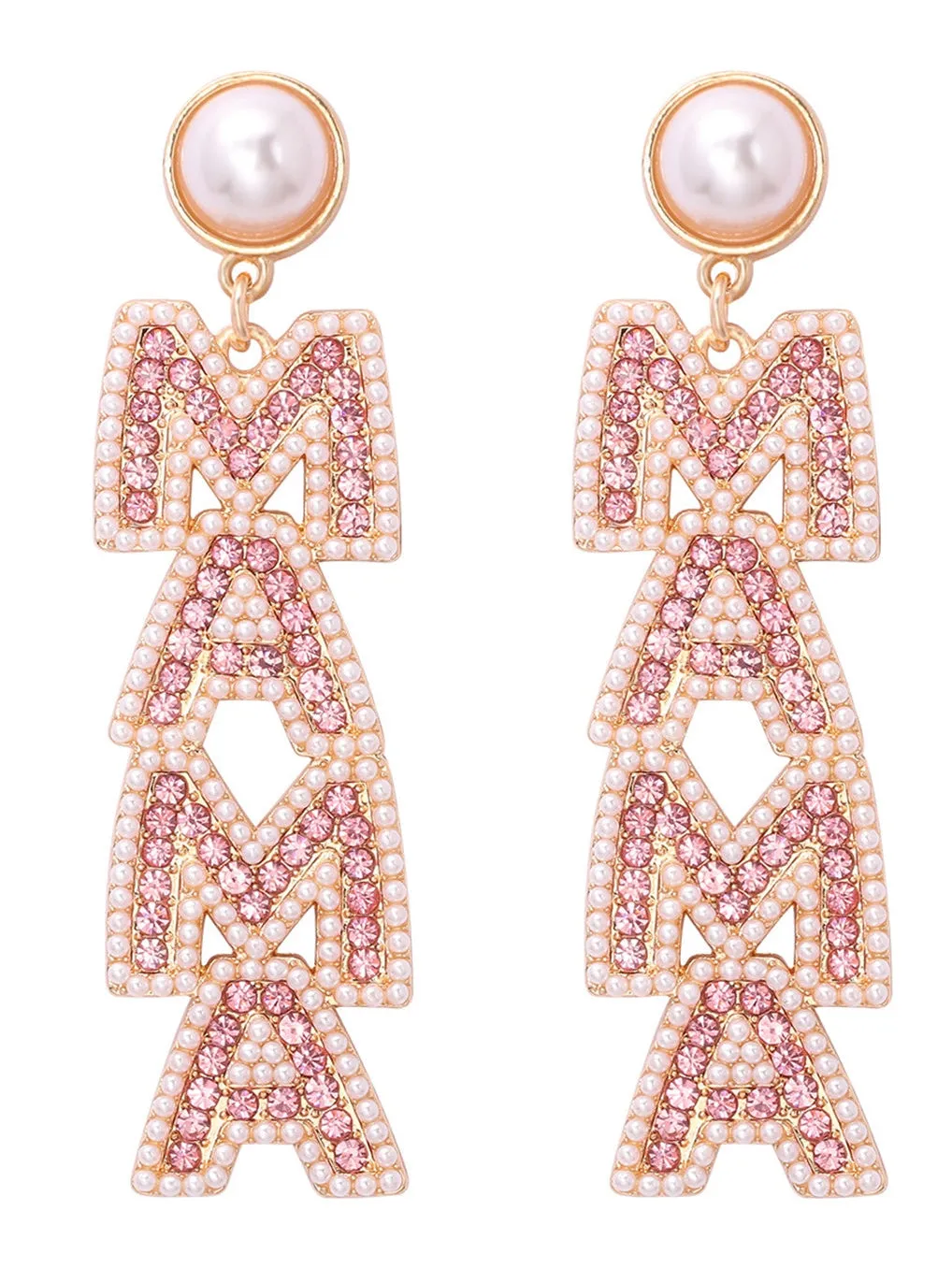 Rose Red MAMA Rhinestone Pearl Dangle Dropping Earrings