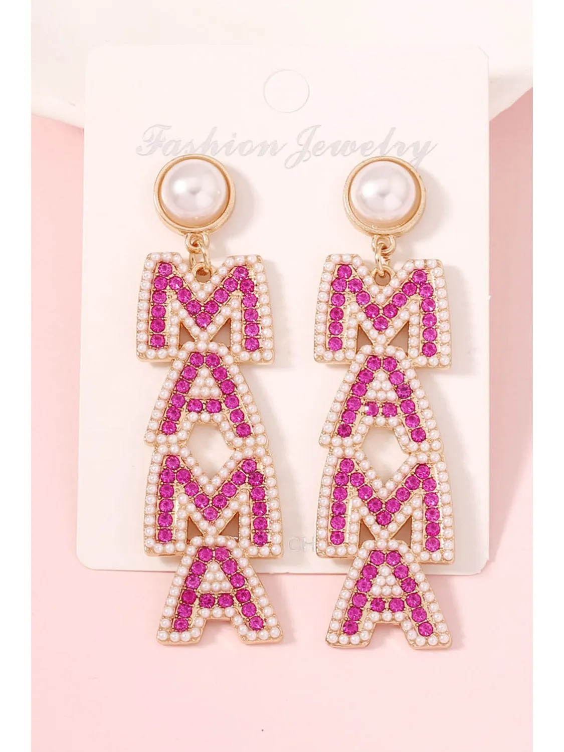 Rose Red MAMA Rhinestone Pearl Dangle Dropping Earrings