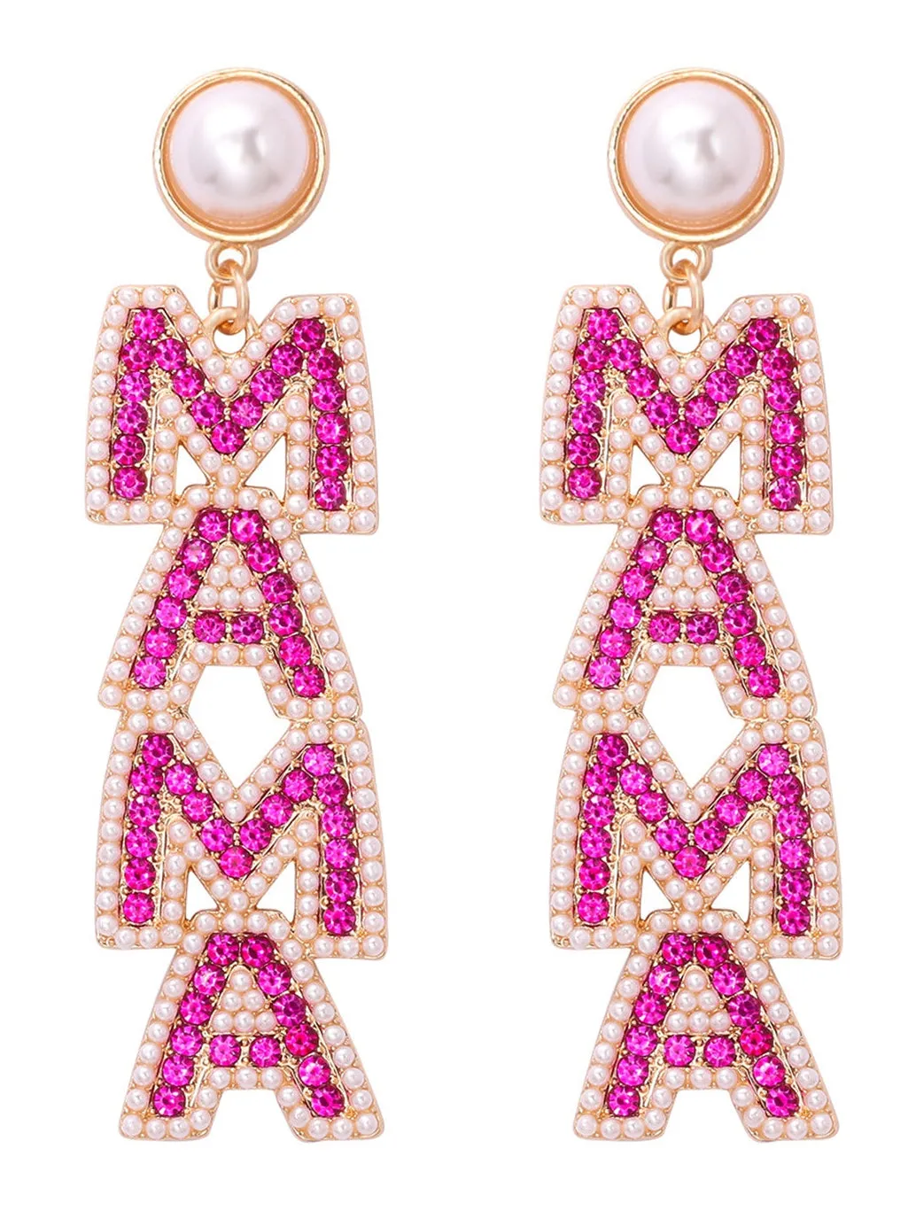 Rose Red MAMA Rhinestone Pearl Dangle Dropping Earrings