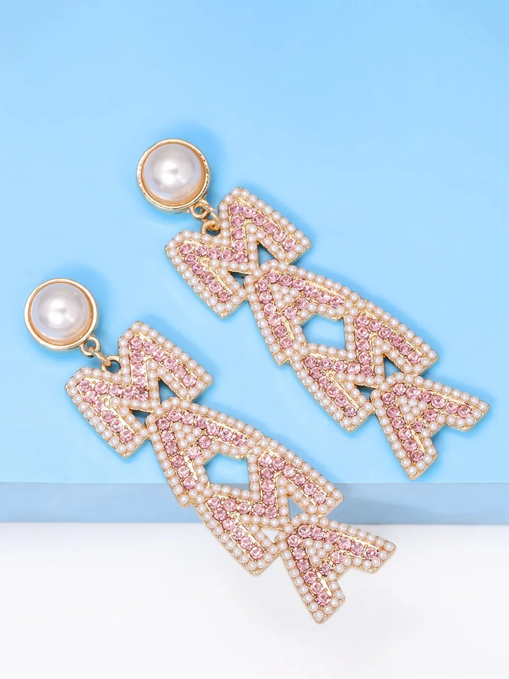 Rose Red MAMA Rhinestone Pearl Dangle Dropping Earrings