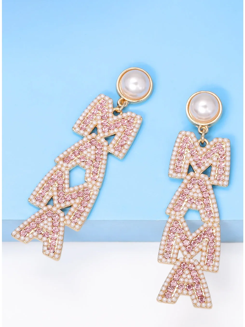 Rose Red MAMA Rhinestone Pearl Dangle Dropping Earrings
