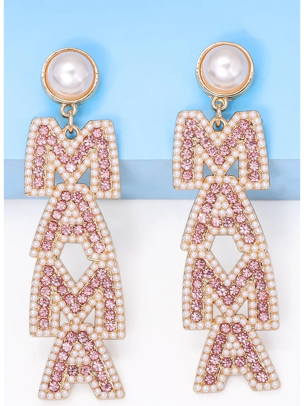 Rose Red MAMA Rhinestone Pearl Dangle Dropping Earrings