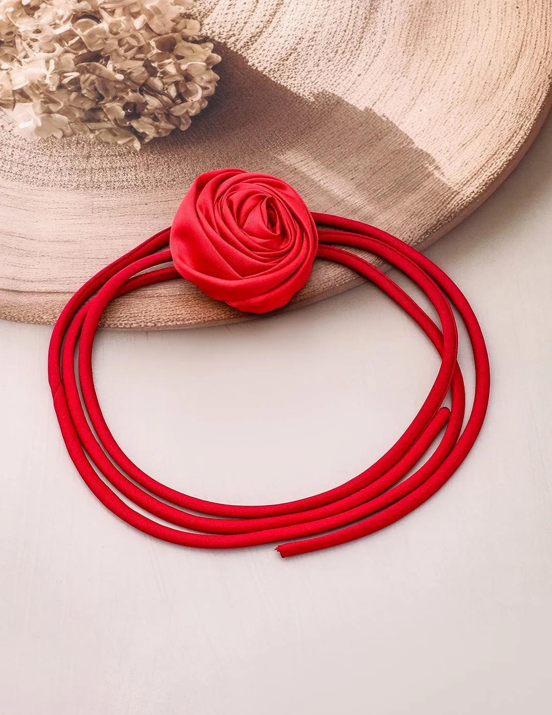 Rubans Bold Red Satin Rose Choker Necklace