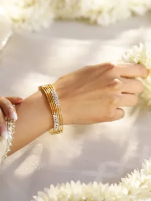 Rubans Set of 2, 22K Gold-Plated Cubic Zirconia Studded Leaf Design Bangles