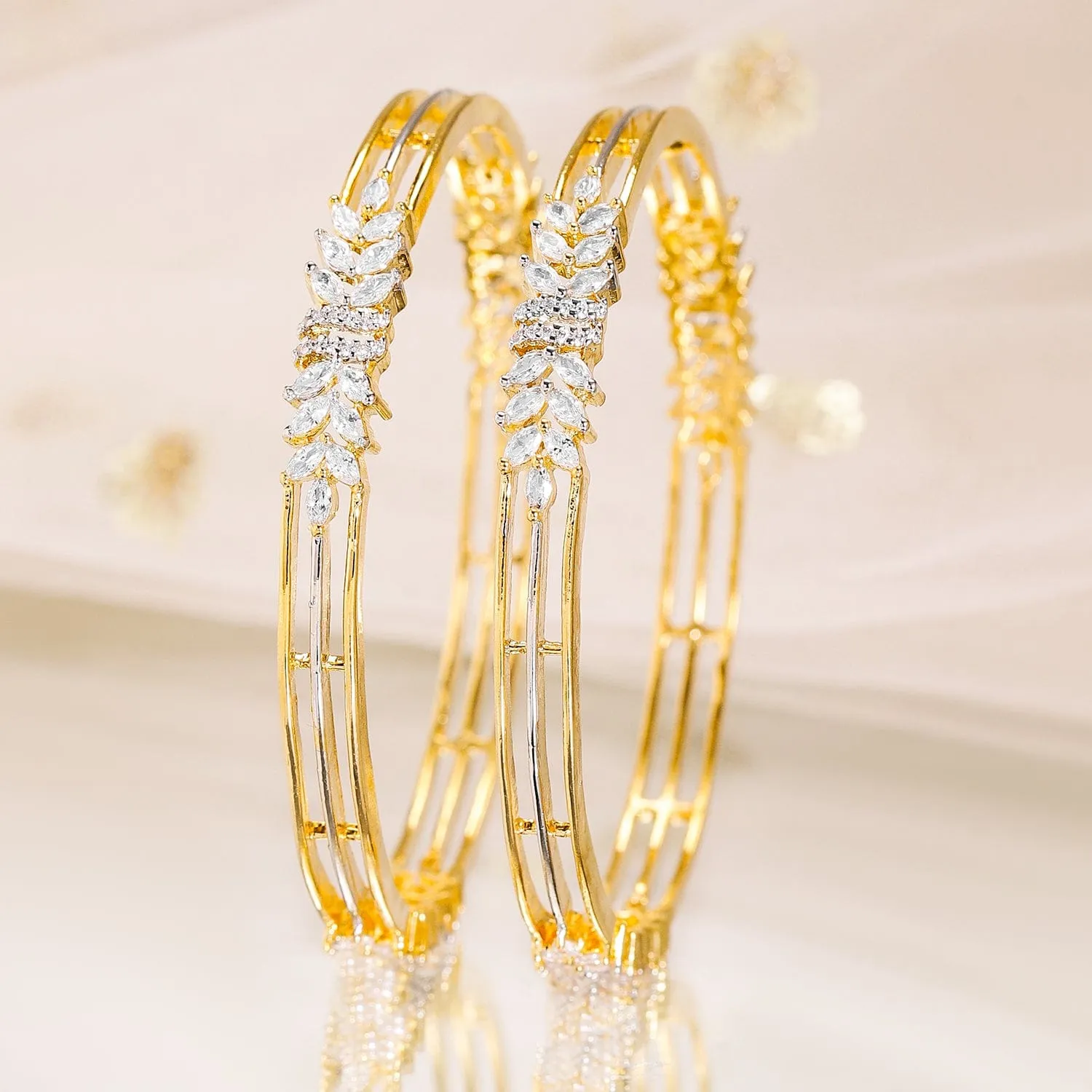 Rubans Set of 2, 22K Gold-Plated Cubic Zirconia Studded Leaf Design Bangles