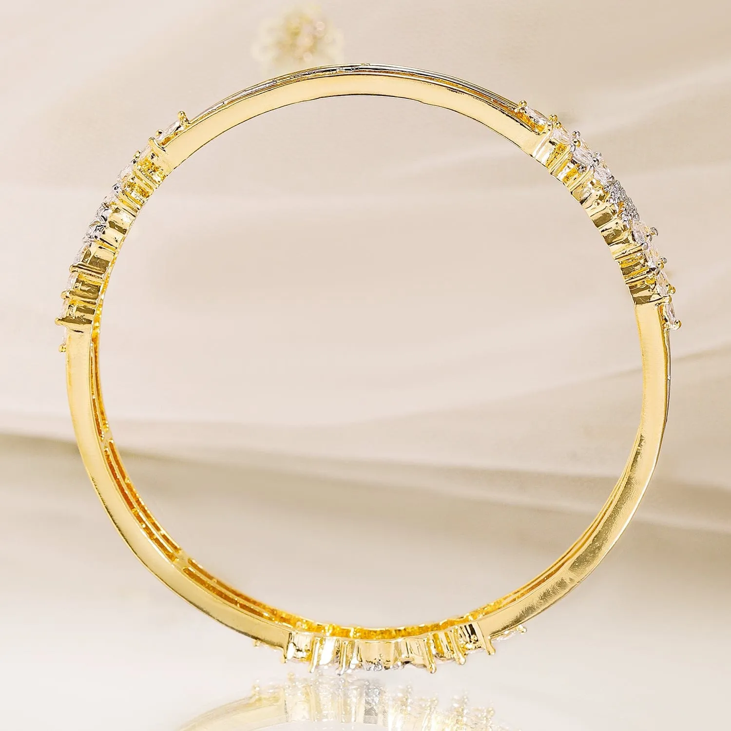 Rubans Set of 2, 22K Gold-Plated Cubic Zirconia Studded Leaf Design Bangles