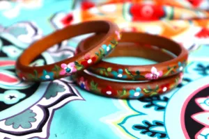 Set of Three Stacking Stackable Thin Wood Boho Bangle Bracelets with Hand Painted Colorful Flowers and Crystal Rhinestones Bohemian Jewelry for Women Teen Girls