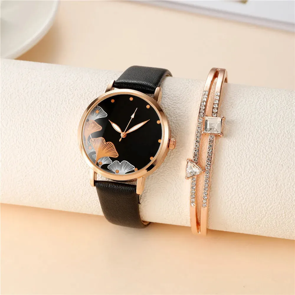 Simple Women Fashion Ink Painting Black And White Design Quartz Watch with Casual Leather Strap