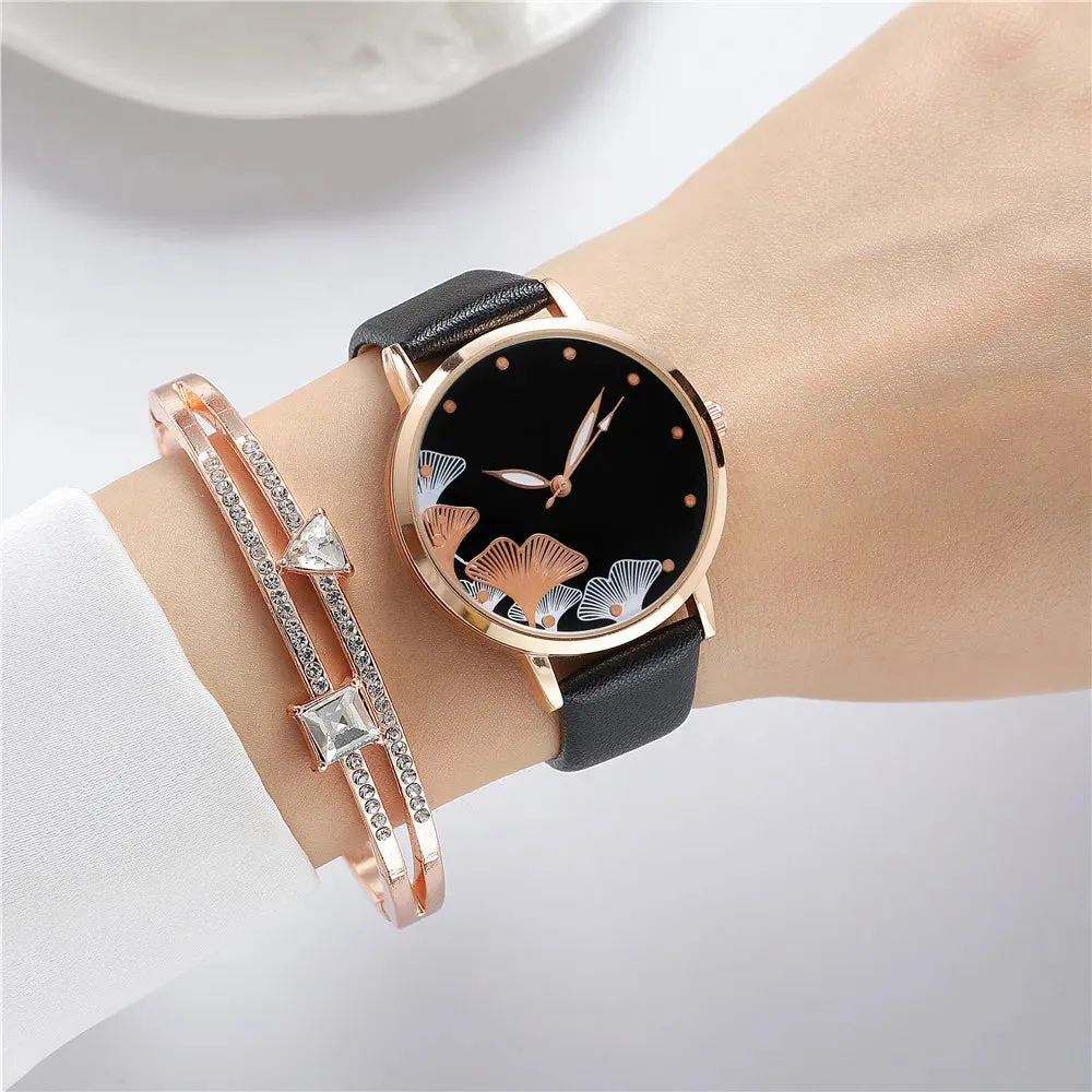 Simple Women Fashion Ink Painting Black And White Design Quartz Watch with Casual Leather Strap