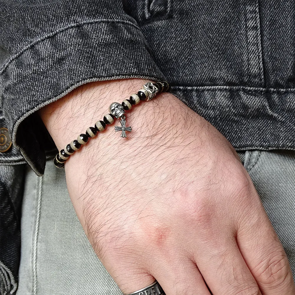 Skull Bracelet for Man Natural Black Onyx with 925 Silver Skull Charm
