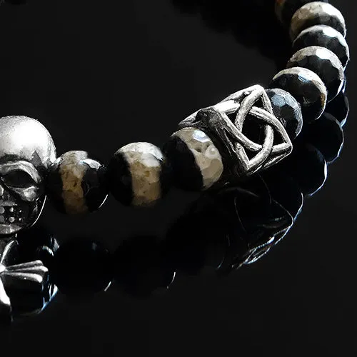 Skull Bracelet for Man Natural Black Onyx with 925 Silver Skull Charm