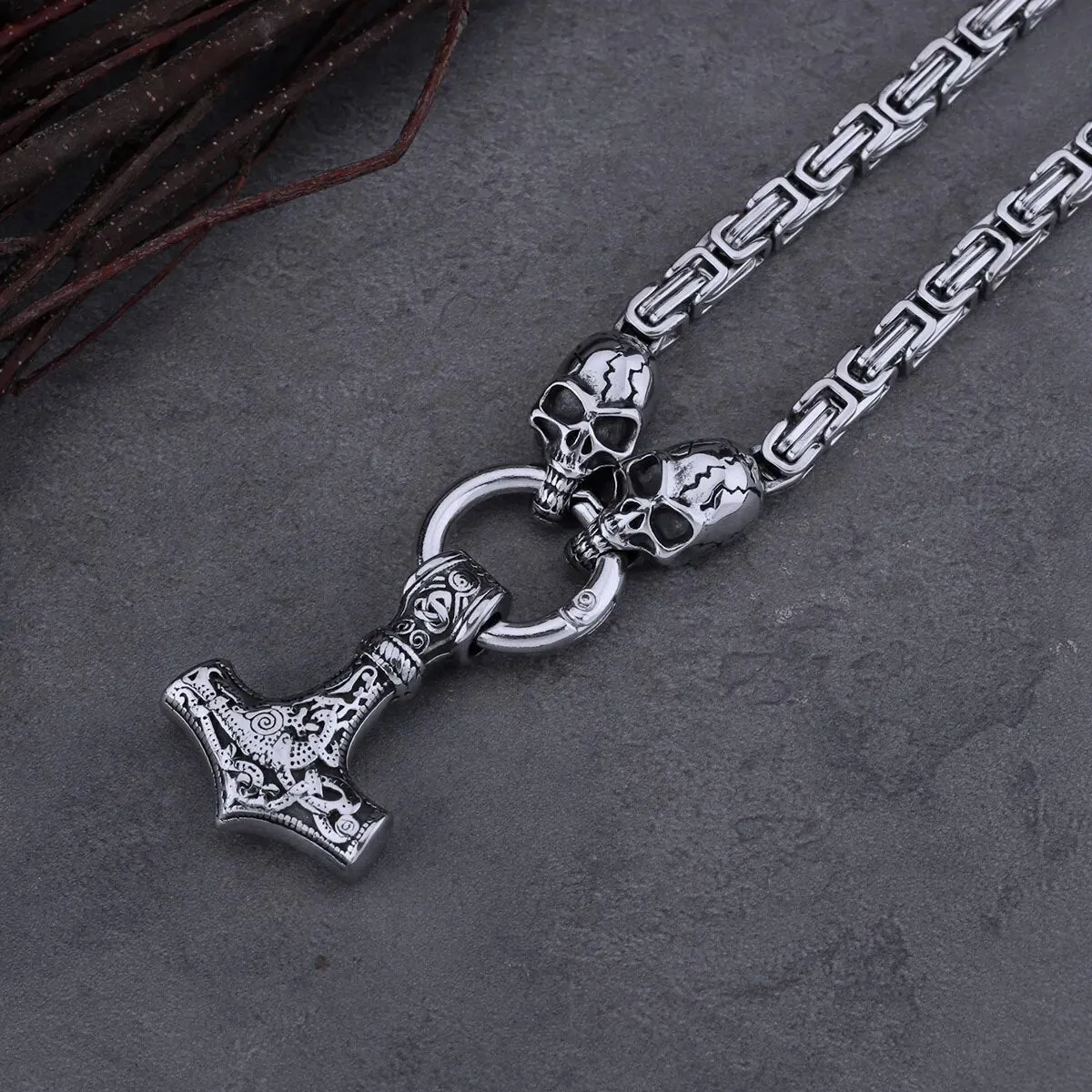 Skull Thor's Hammer Viking Necklace