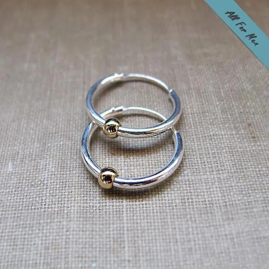 Small Black Hoop Earrings with Gold Bead for Men