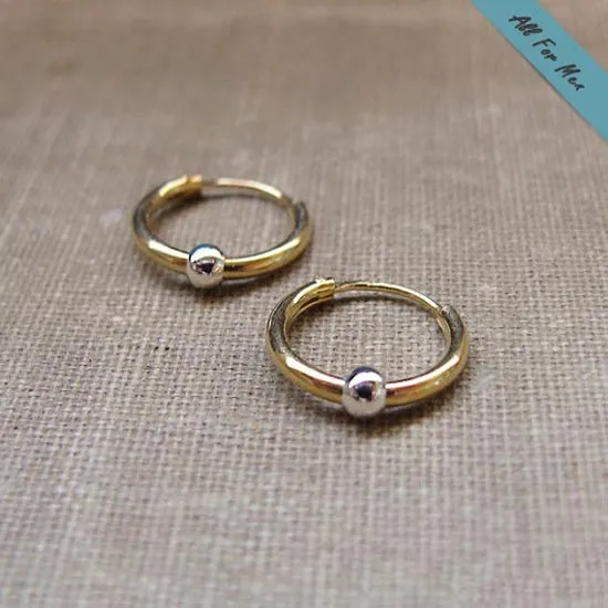 Small Black Hoop Earrings with Gold Bead for Men