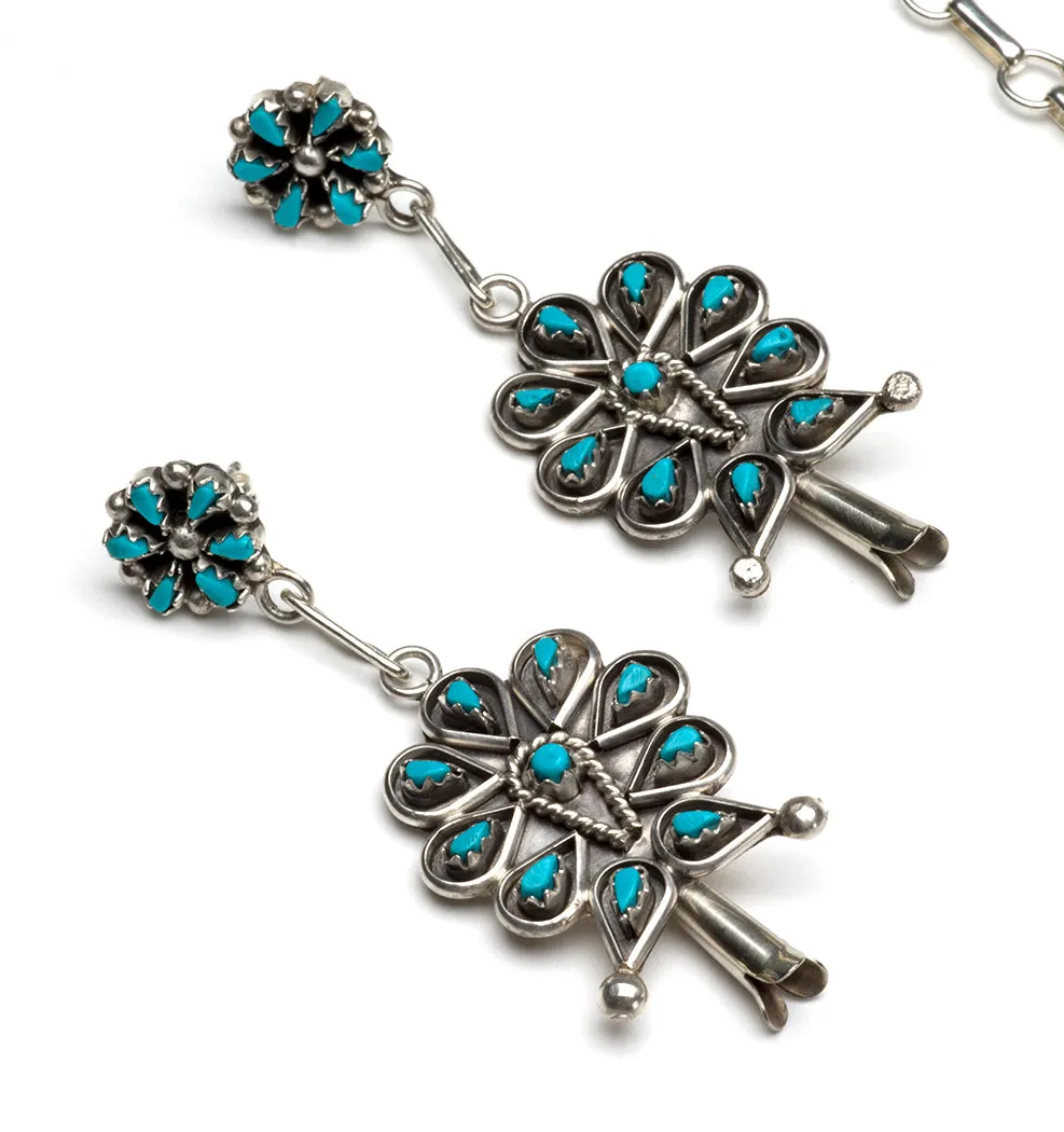 Sterling Silver & Sleeping Beauty Turquoise Petit Point Squash Blossom Necklace & Earrings Set