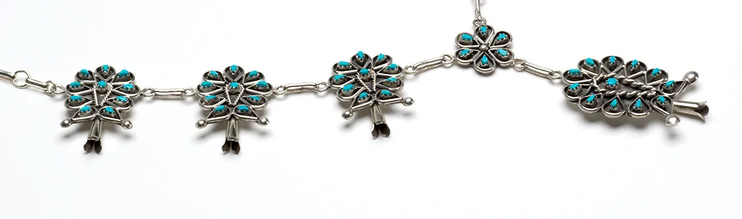 Sterling Silver & Sleeping Beauty Turquoise Petit Point Squash Blossom Necklace & Earrings Set