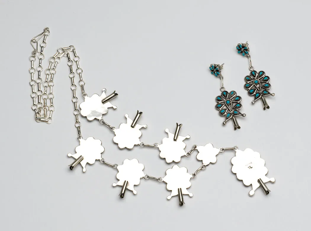 Sterling Silver & Sleeping Beauty Turquoise Petit Point Squash Blossom Necklace & Earrings Set