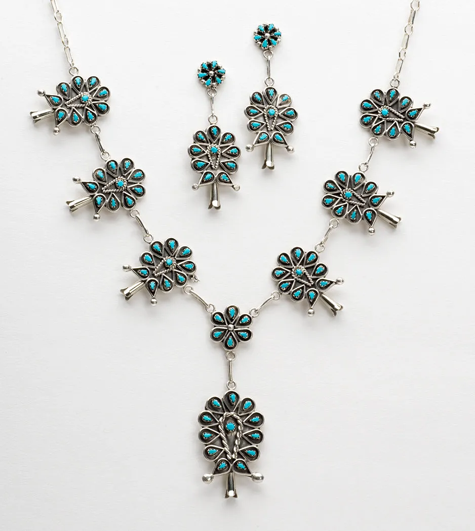 Sterling Silver & Sleeping Beauty Turquoise Petit Point Squash Blossom Necklace & Earrings Set