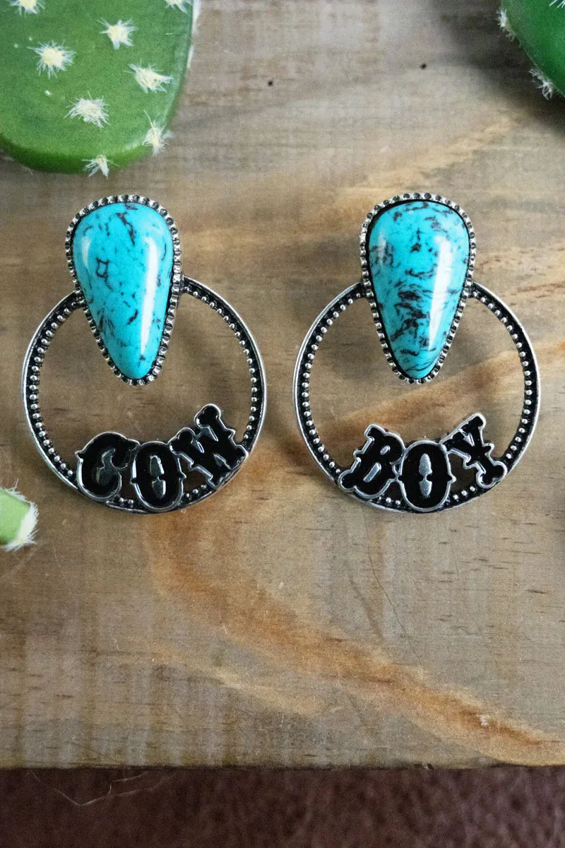 Tamebrook Turquoise Silvertone COW BOY Hoop Earrings