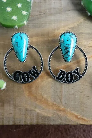 Tamebrook Turquoise Silvertone COW BOY Hoop Earrings