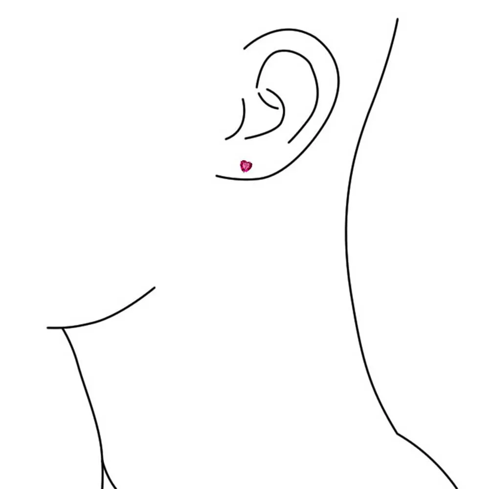 Tiny Pink Fuchsia CZ Heart Stud Earrings, Simulated Ruby, Sterling Silver